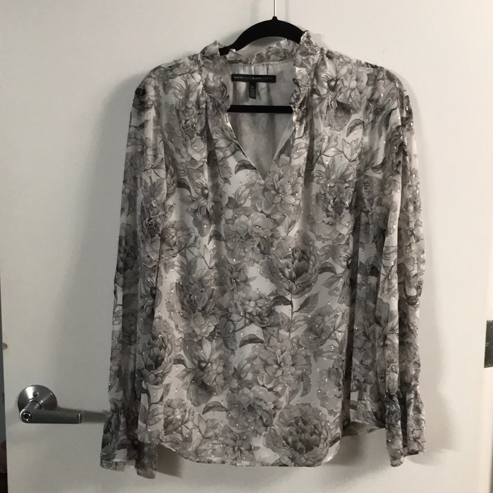 WHBM Grey floral blouse with ruffles